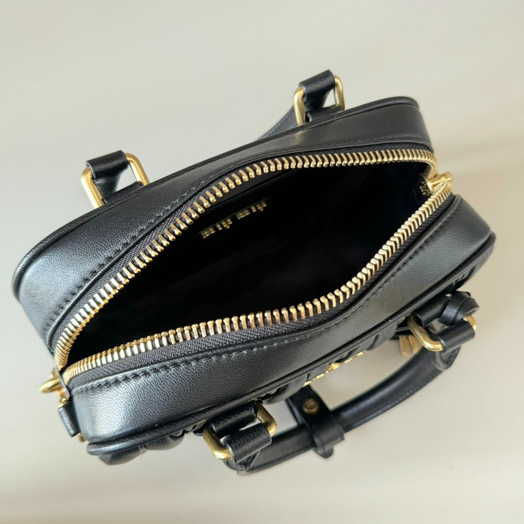 Mini Bowling Bag in Black Quilted Leather with Gold Padlock, image 6
