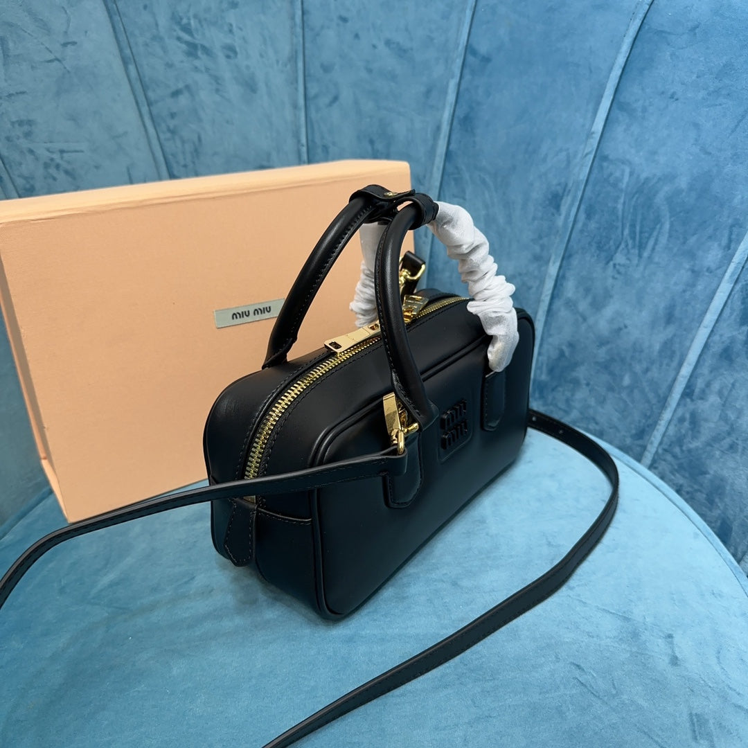 Bowling Bag in Black Smooth Leather with Crossbody Strap, image 3