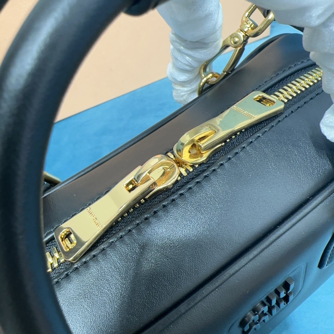 Bowling Bag in Black Smooth Leather with Crossbody Strap, image 6