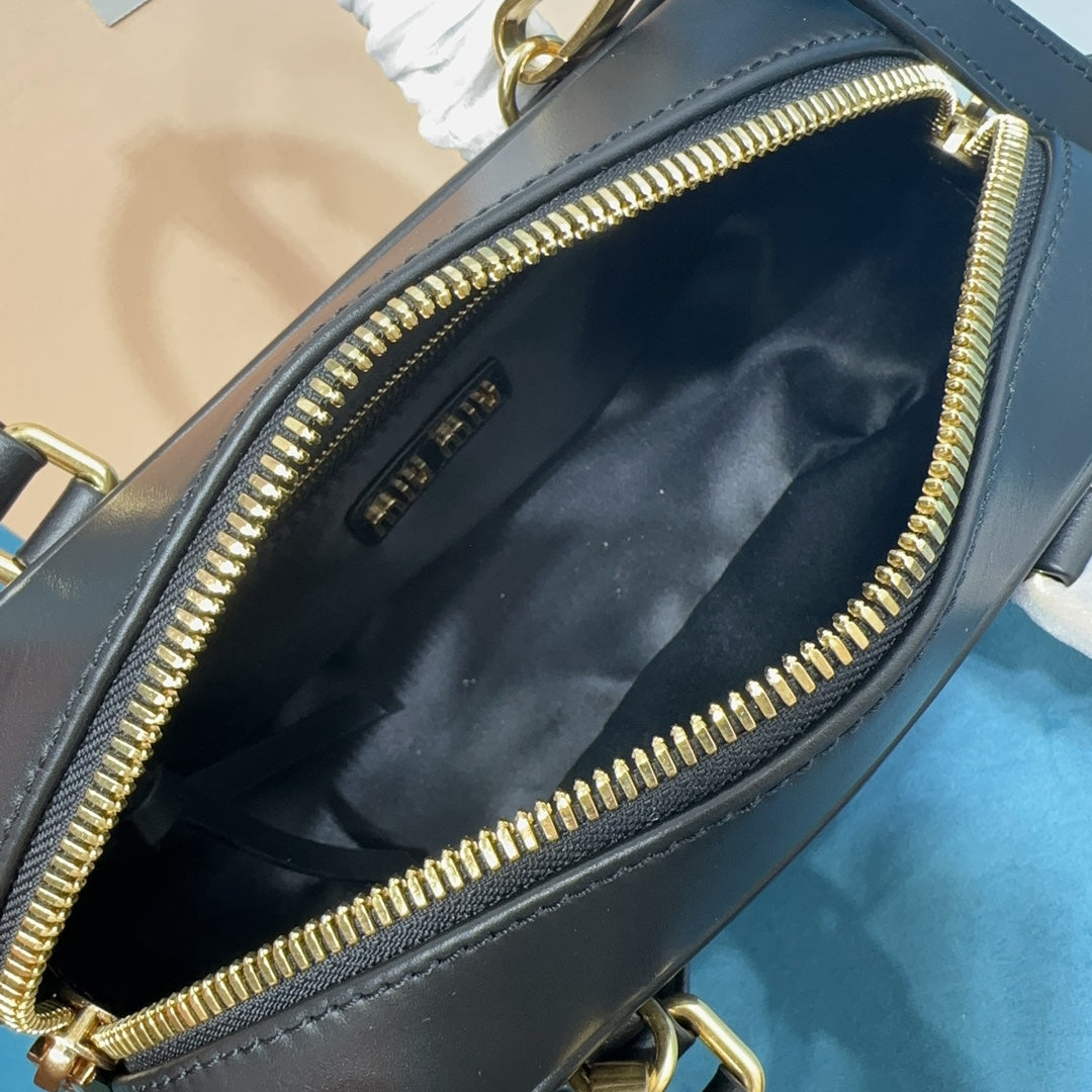 Bowling Bag in Black Smooth Leather with Crossbody Strap, image 7
