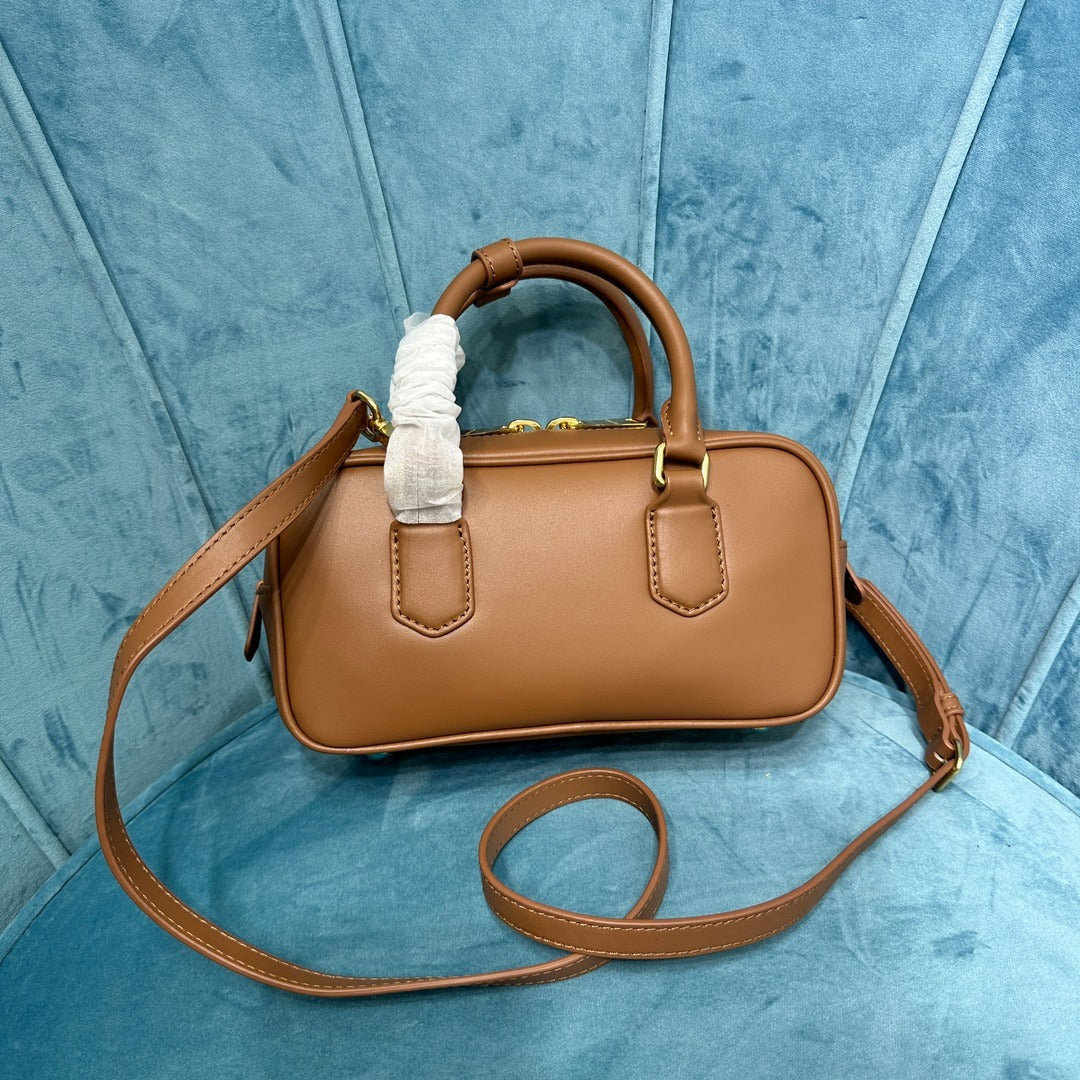 Mini Bowling Bag in Brown Smooth Leather with Gold Zip, image 4