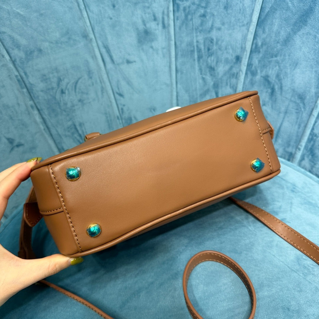 Mini Bowling Bag in Brown Smooth Leather with Gold Zip, image 5