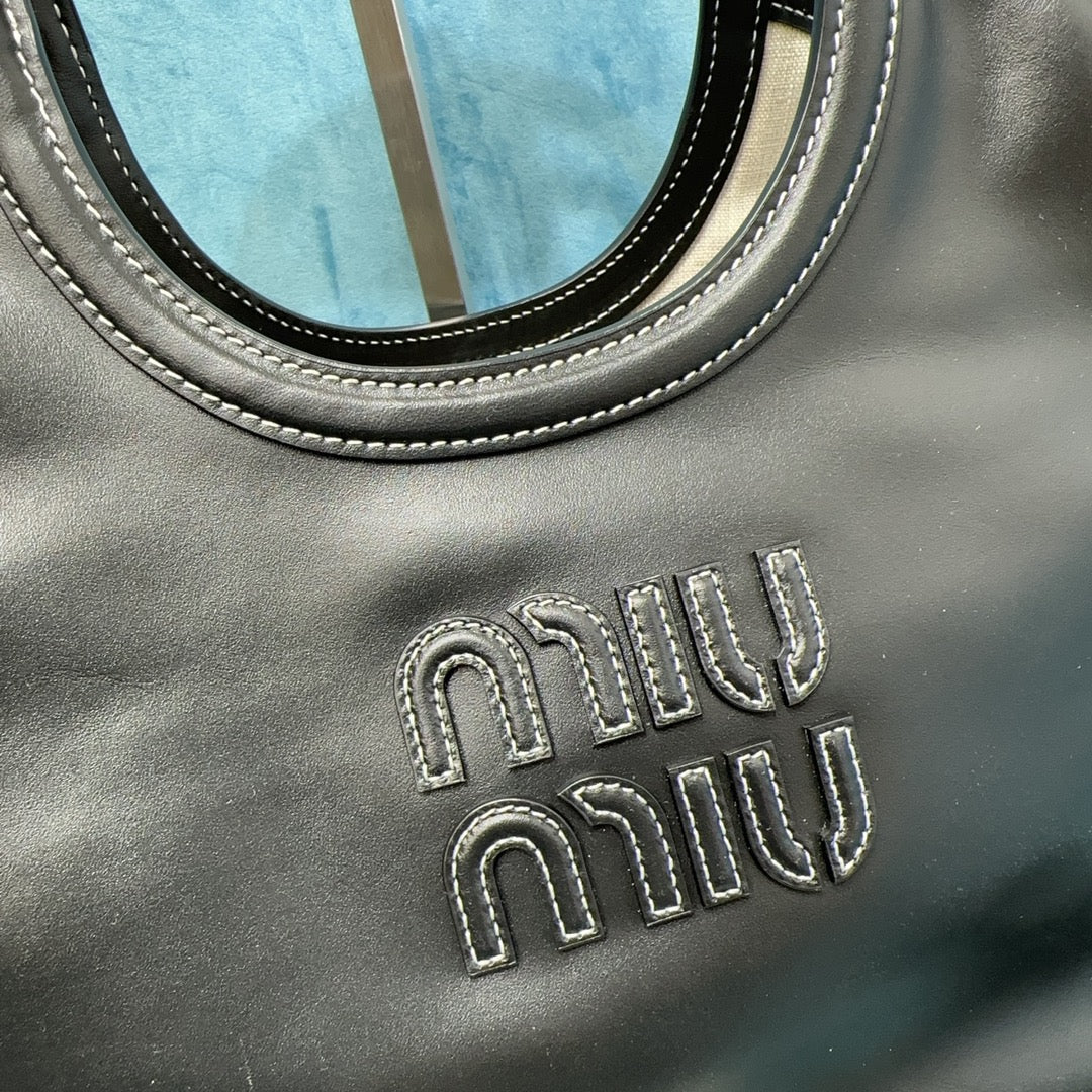 Structured Tote Bag in Black Smooth Leather with Round Handles, image 3