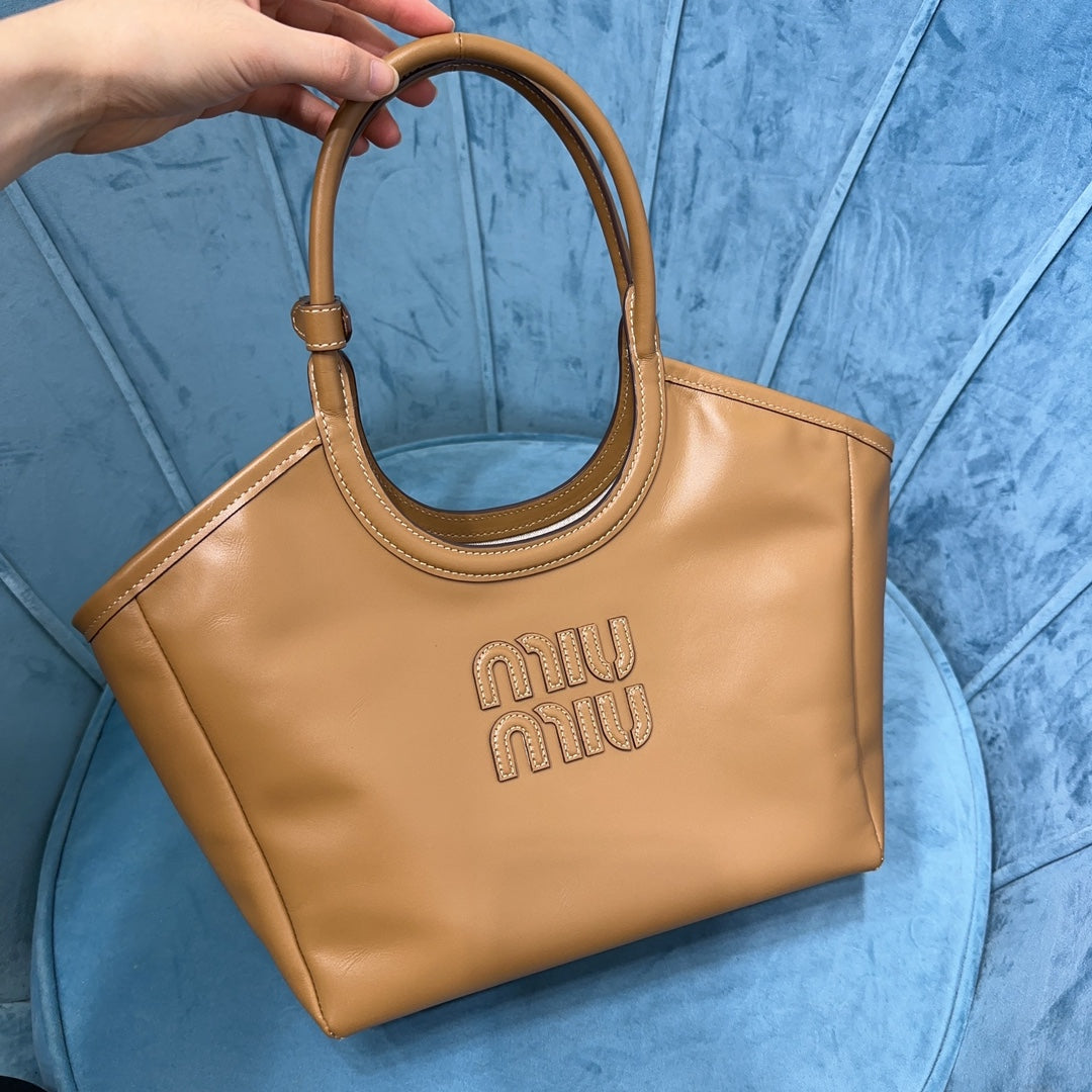 Bucket Tote Bag in Tan Smooth Leather with Round Handles, image 5