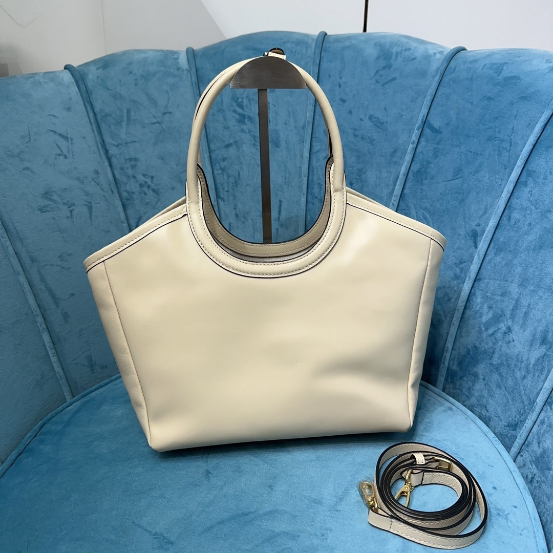 Structured Smooth Leather Tote Bag with Rounded Cut-Out Handles, image 5