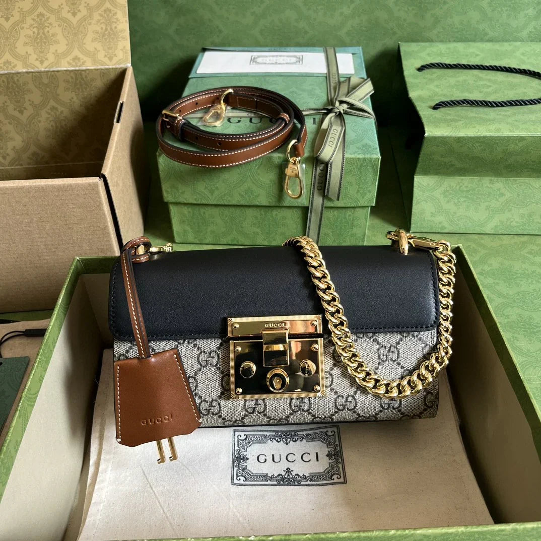 Chain Shoulder Bag in Black Leather and Canvas with Padlock