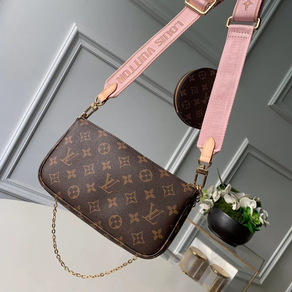 Crossbody Pouch Set in Brown Printed Canvas with Pink Strap, image 2