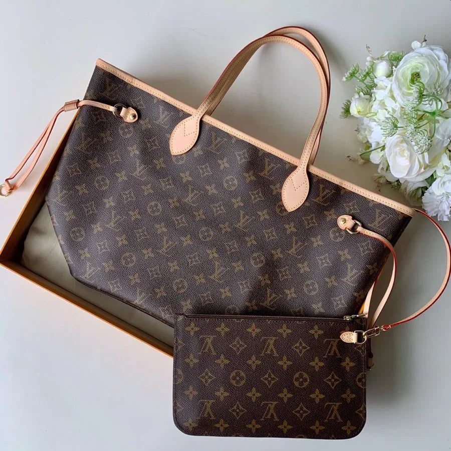 Large Open Tote in Brown Printed Canvas with Tan Handles, image 2