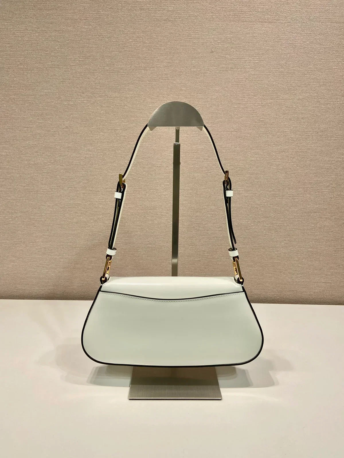 Curved Flap Shoulder Bag in White Leather with Black Edging, image 2