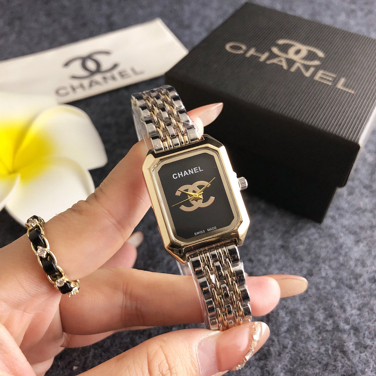 Rectangular Link Watch in Rose Gold and Silver with Black Dial, image 4