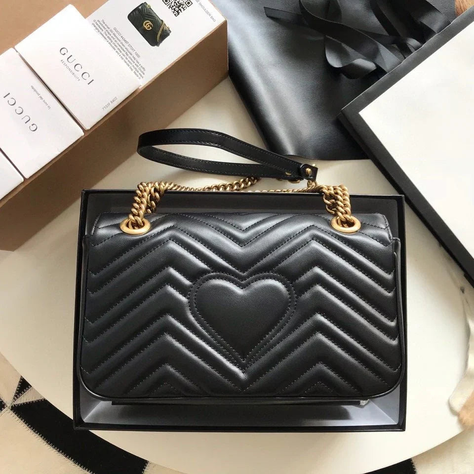 Shoulder Bag in Black Chevron Quilted Leather with Gold Chain, image 2