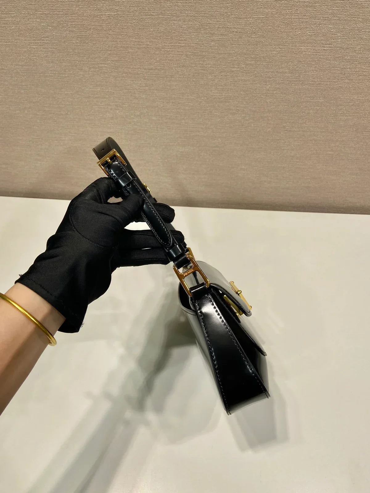 Baguette Shoulder Bag in Black Patent Leather with Gold Plaque, image 5