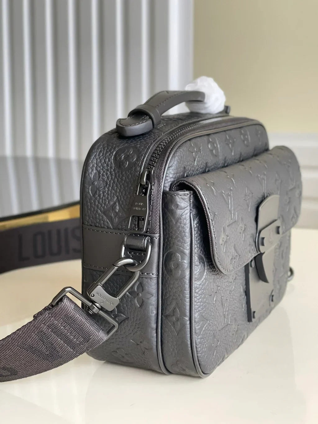 Boxy Crossbody Bag in Gray Embossed Leather with Top Handle, image 5