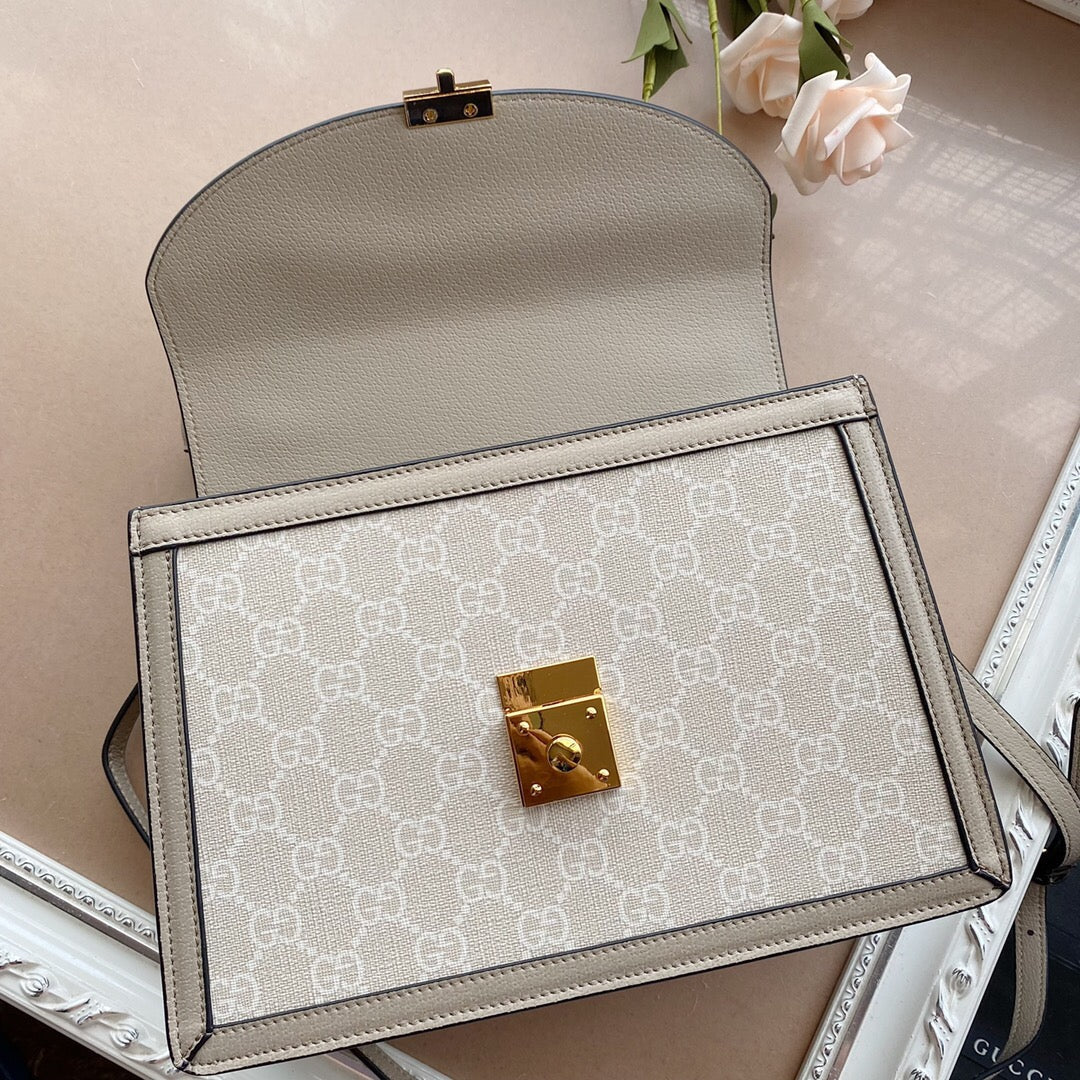 Top Handle Bag in Cream Coated Canvas with Striped Trim, image 8