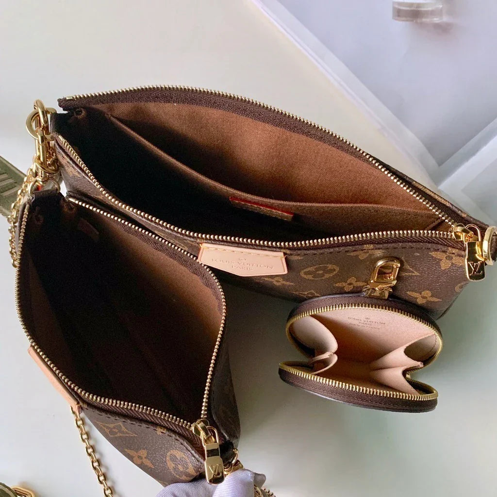 Crossbody Pouch Set in Brown Printed Canvas with Pink Strap, image 6