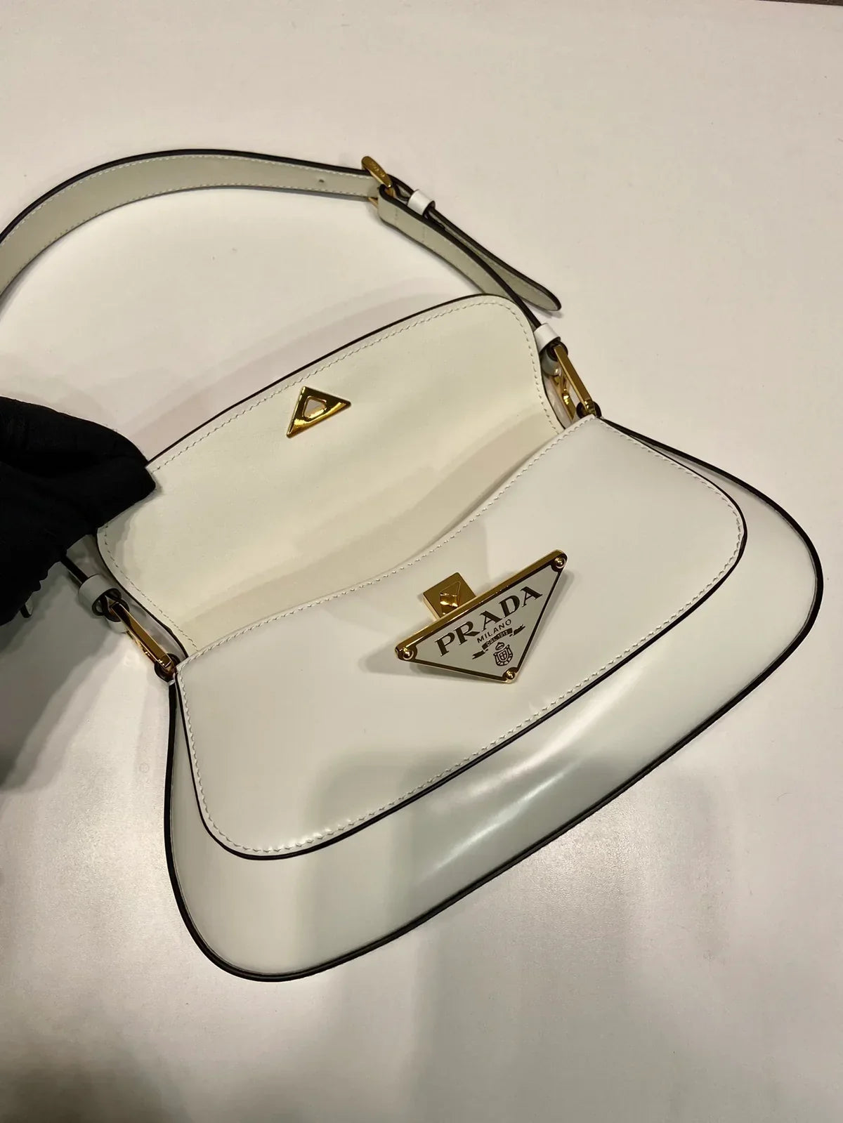 Curved Flap Shoulder Bag in White Leather with Black Edging, image 4