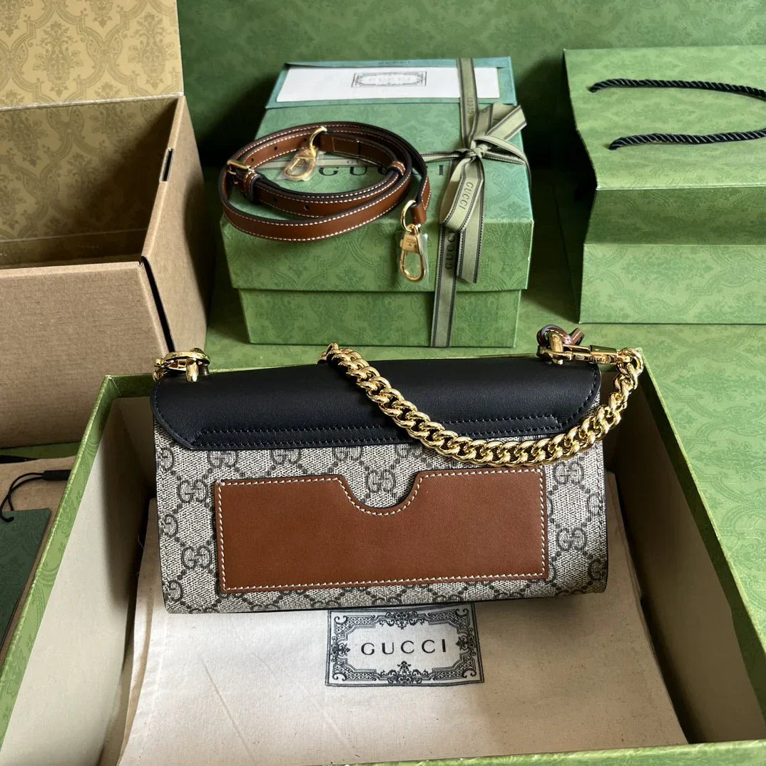 Chain Shoulder Bag in Black Leather and Canvas with Padlock, image 3