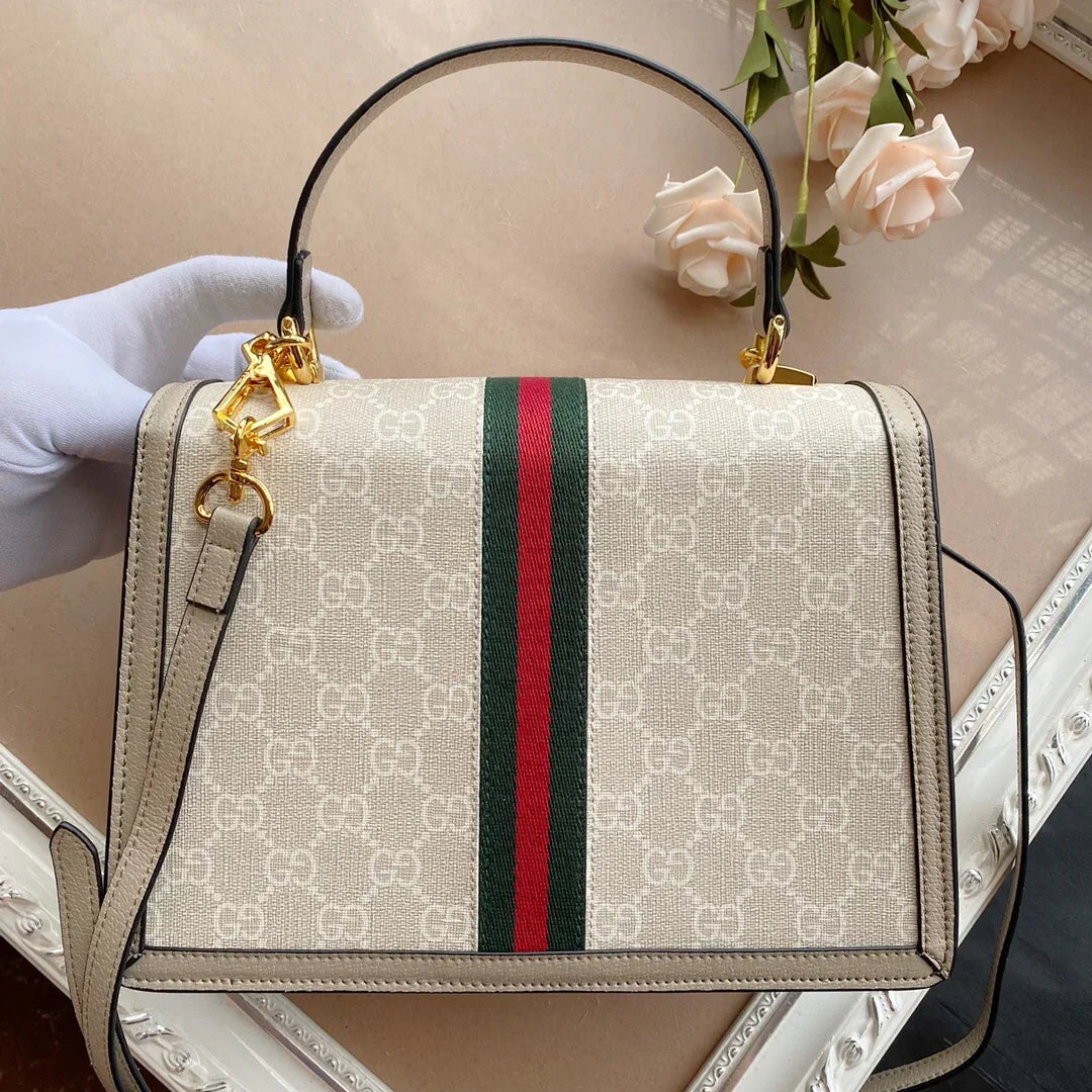 Top Handle Bag in Cream Coated Canvas with Striped Trim, image 2