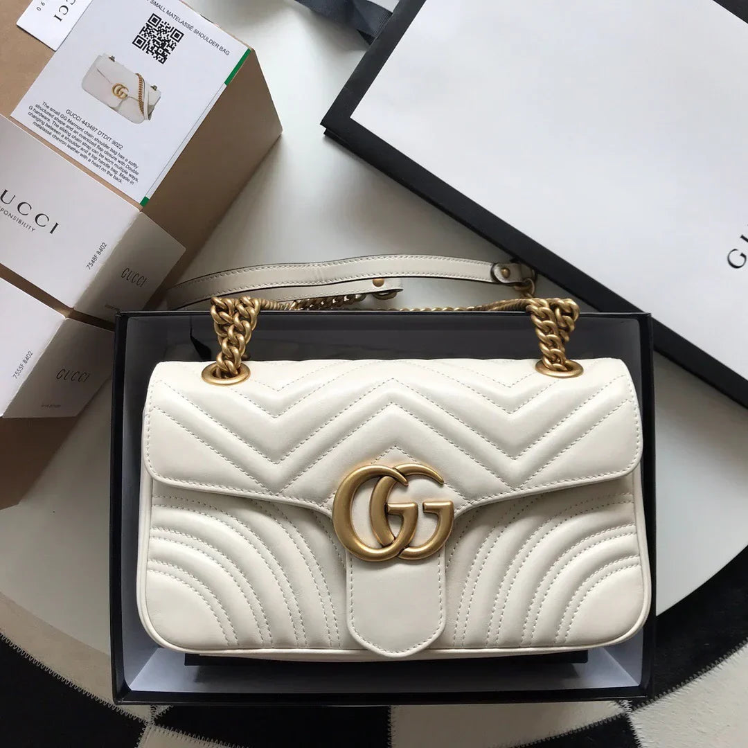 Chevron Quilted Flap Bag in White Leather with Gold Chain