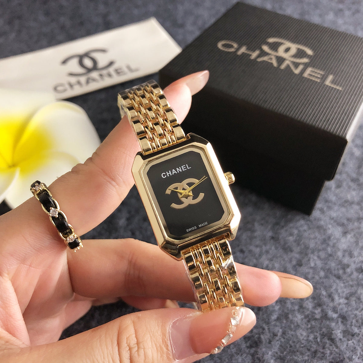 Rectangular Link Watch in Rose Gold and Silver with Black Dial, image 2
