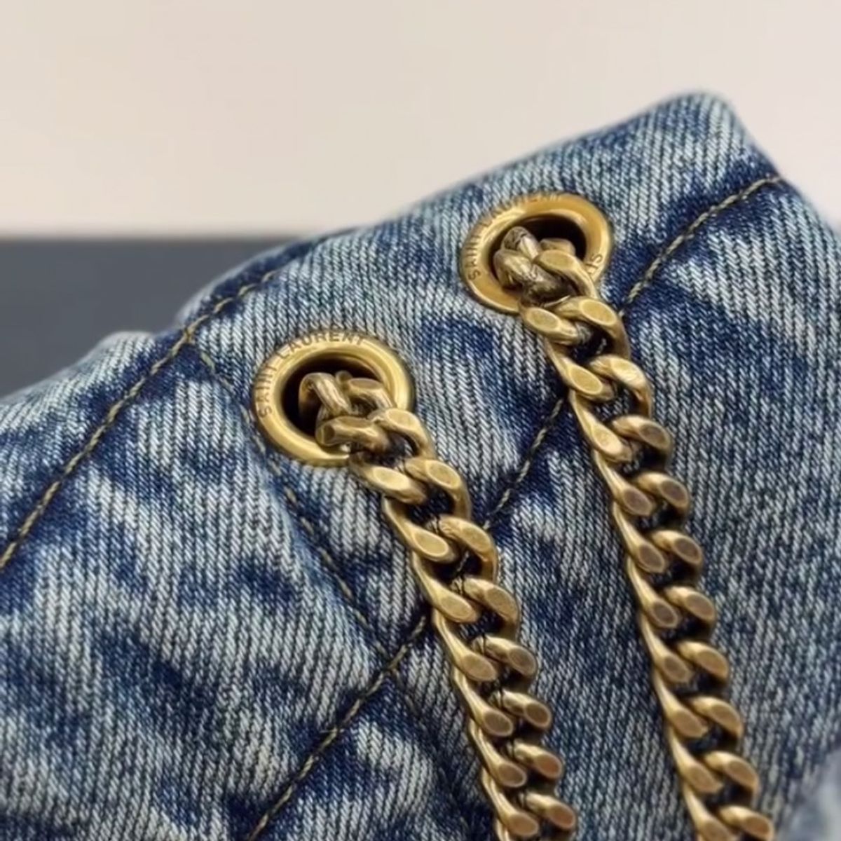 Quilted Shoulder Bag in Blue Washed Denim with Gold Chain, image 7