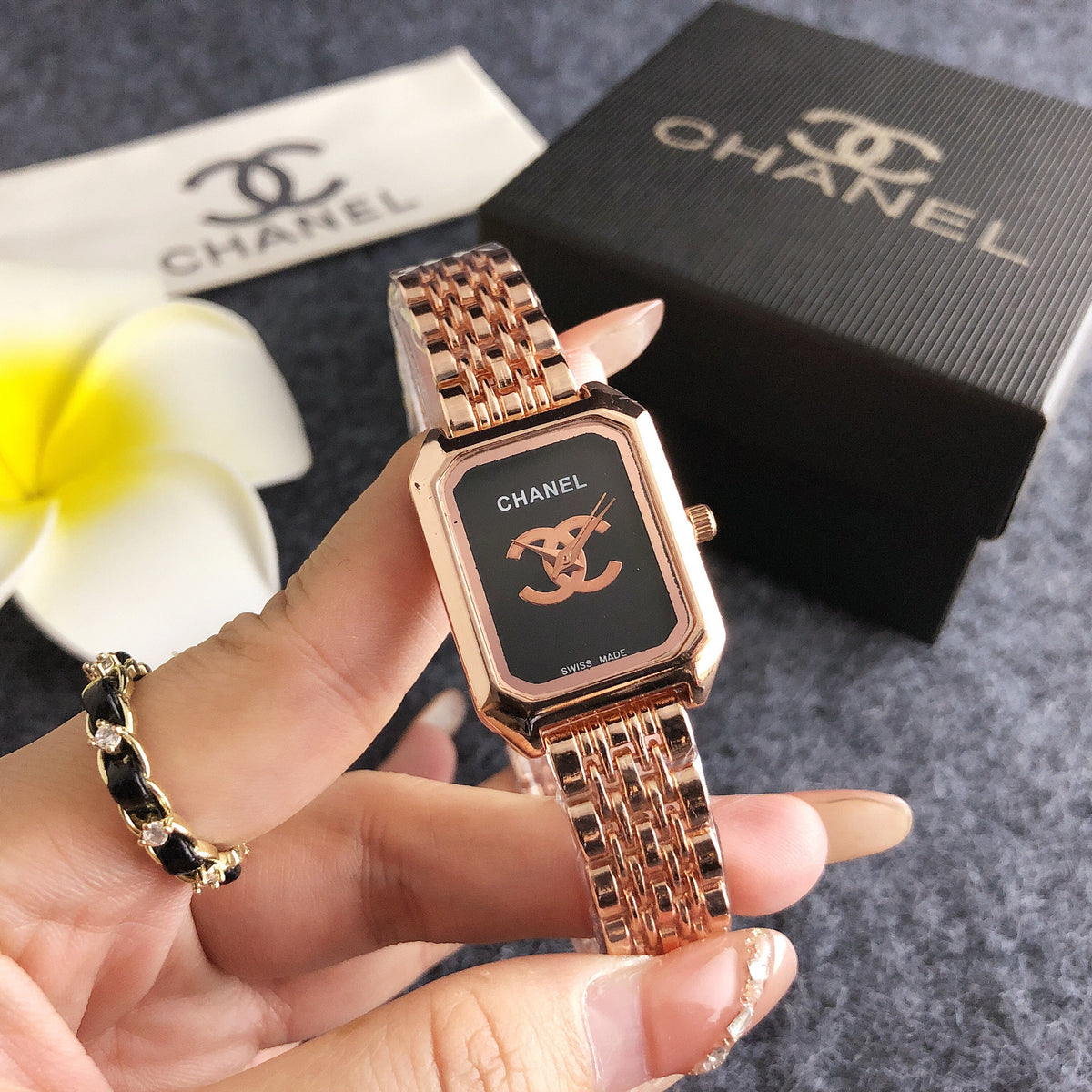 Rectangular Link Watch in Rose Gold and Silver with Black Dial, image 3