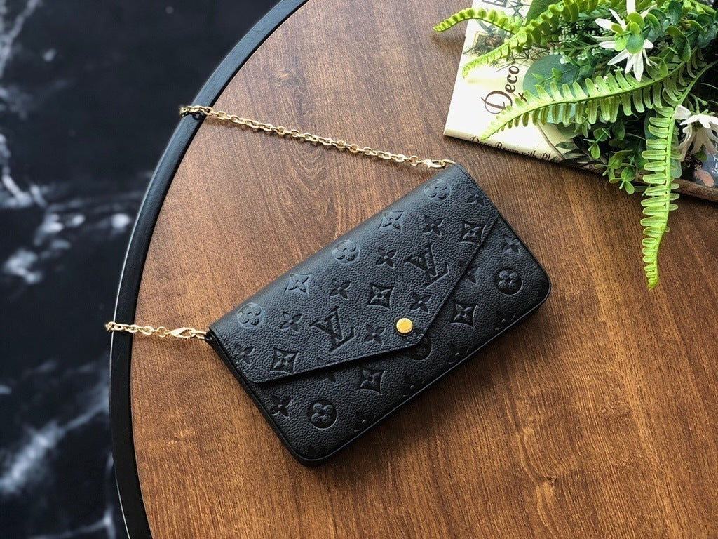 Flat Crossbody Clutch in Black Embossed Leather with Gold Chain, image 2