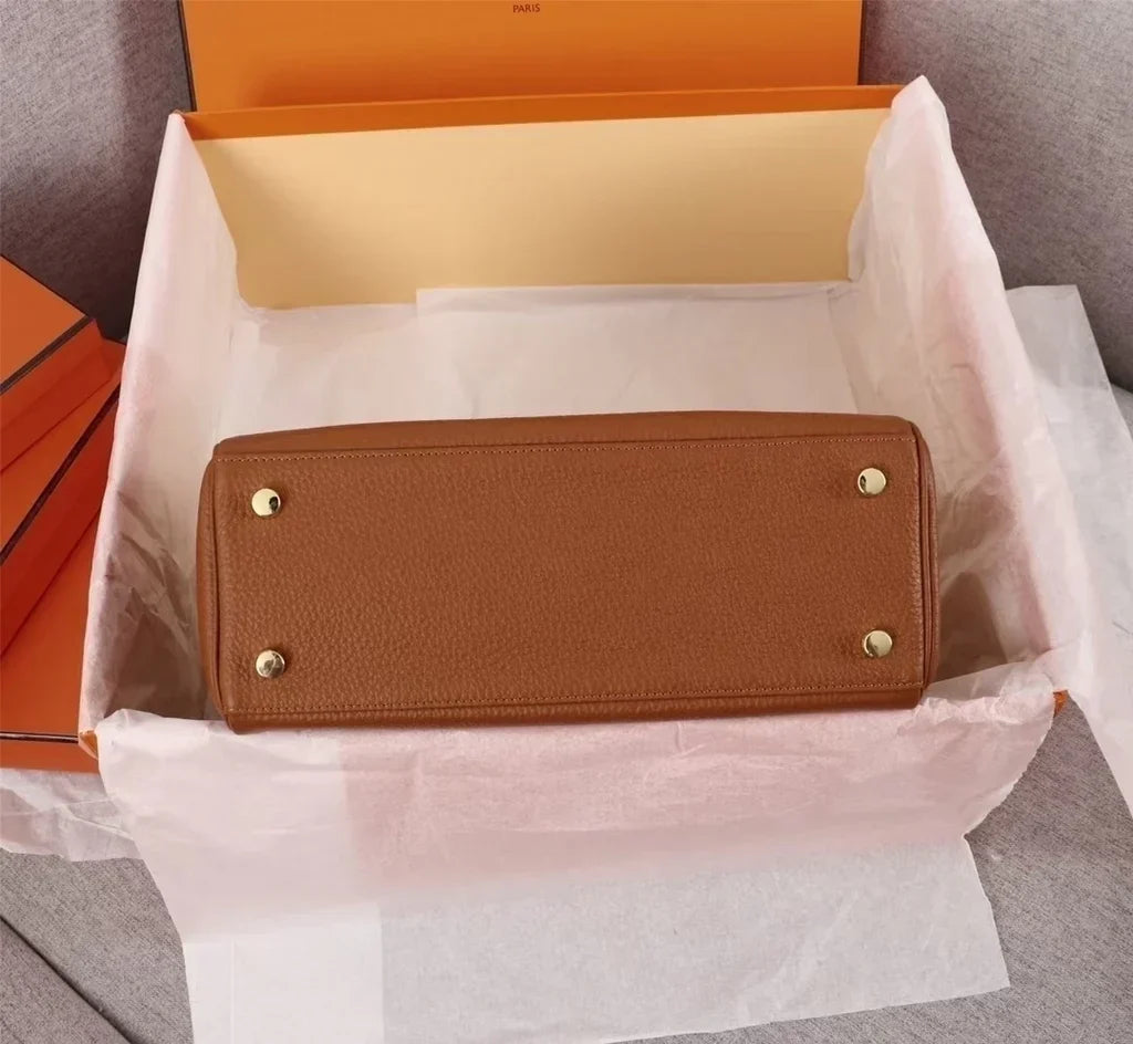 Top Handle Bag in Brown Grained Leather with Gold Turn-Lock, image 5