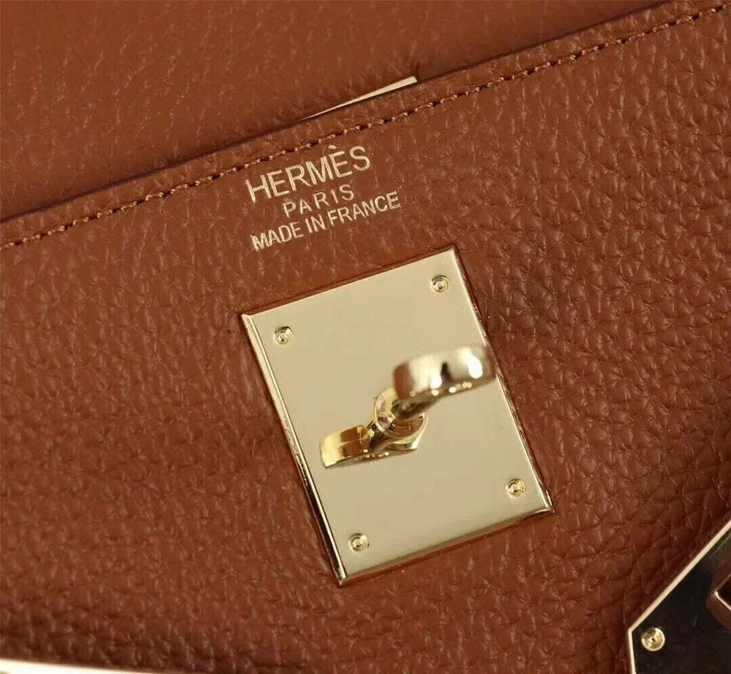 Top Handle Bag in Brown Grained Leather with Gold Turn-Lock, image 9
