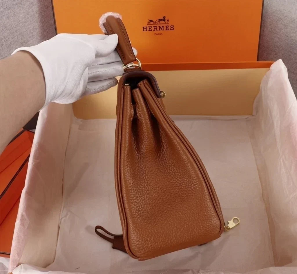 Top Handle Bag in Brown Grained Leather with Gold Turn-Lock, image 3