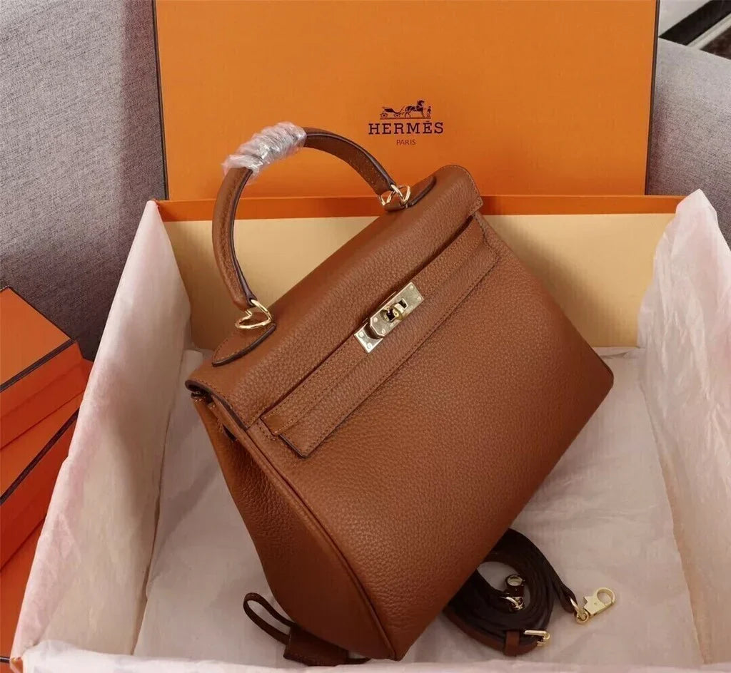 Top Handle Bag in Brown Grained Leather with Gold Turn-Lock, image 2