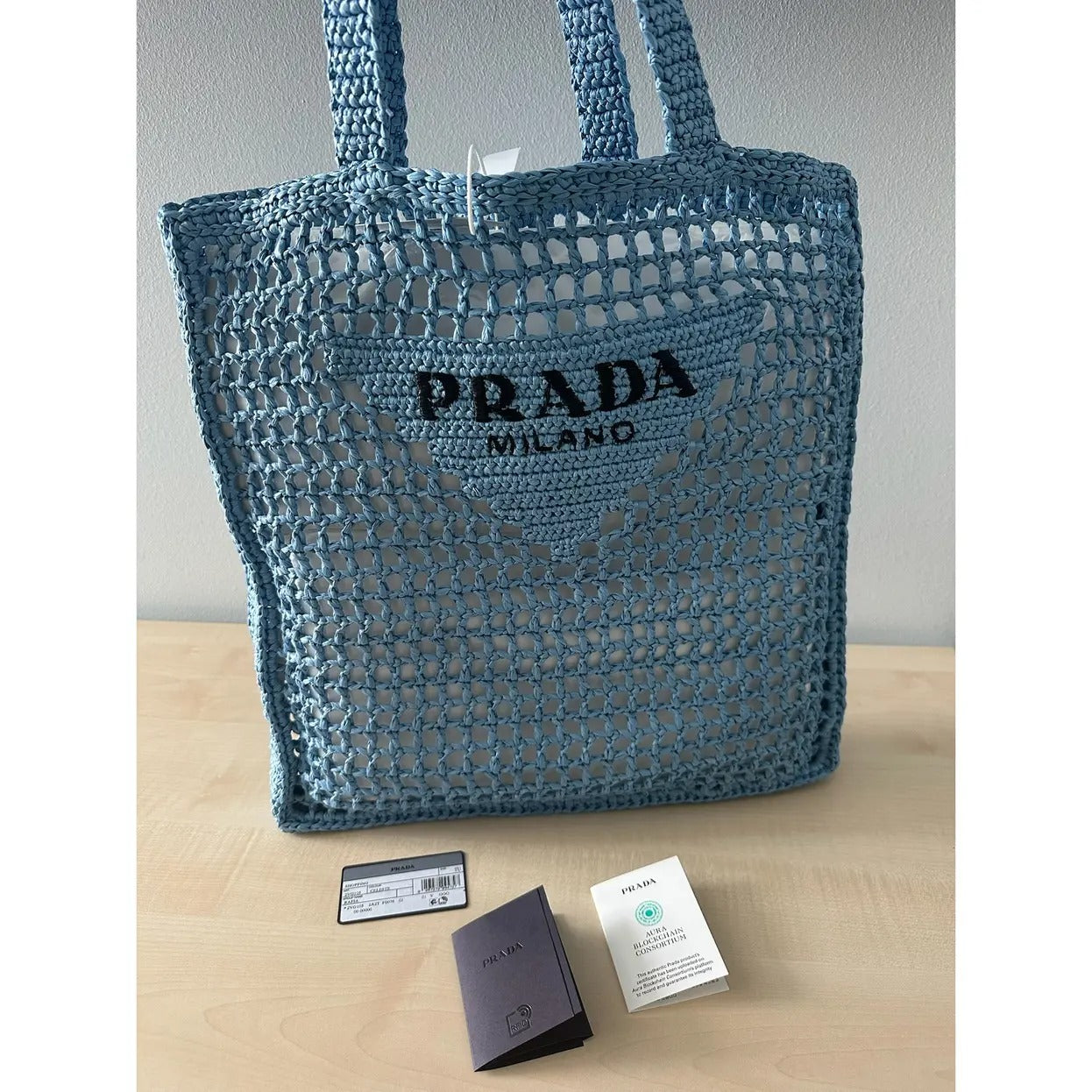 PRD Raffia Bag With Woven Logo In Blue