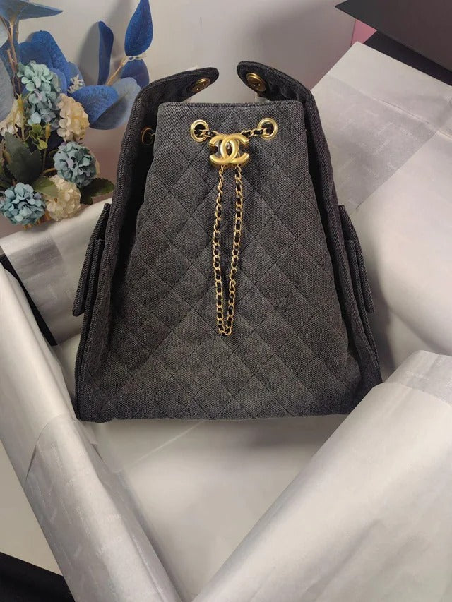 Bucket Bag in Grey Quilted Canvas with Gold Chain Handle, image 3