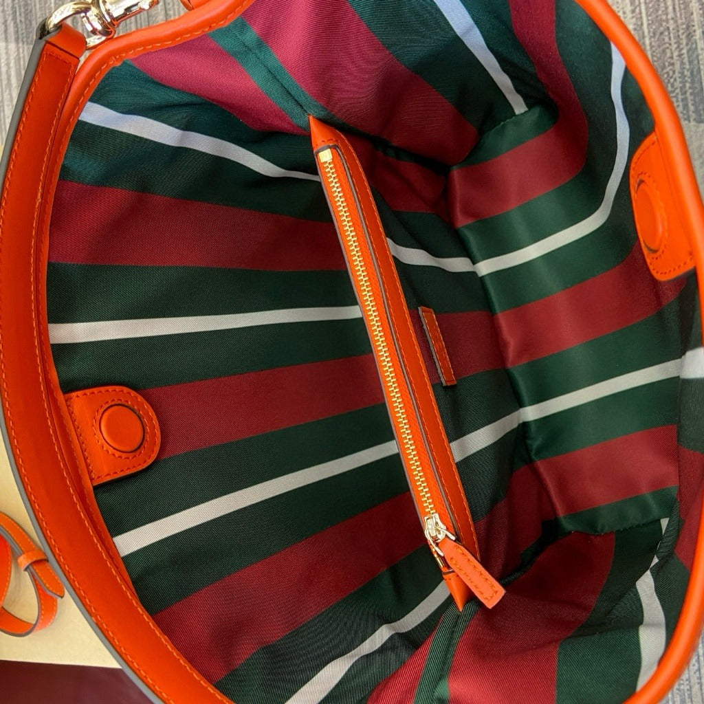 Hobo Bag in Beige Coated Canvas with Orange Trim, image 6