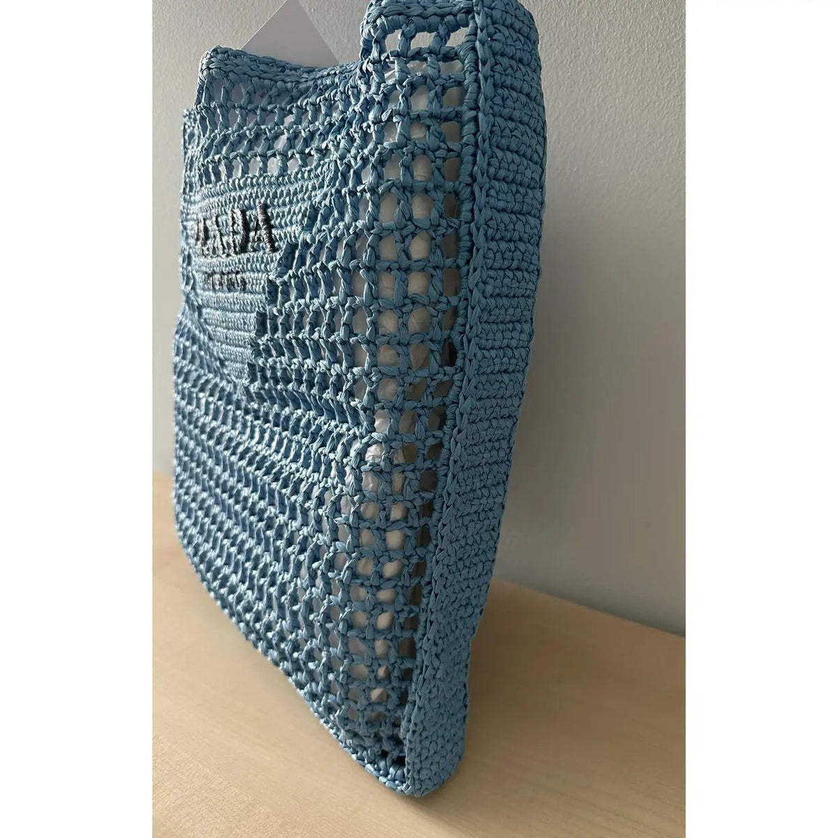 Tote Bag in Light Blue Open-Weave Crocheted Raffia, image 3