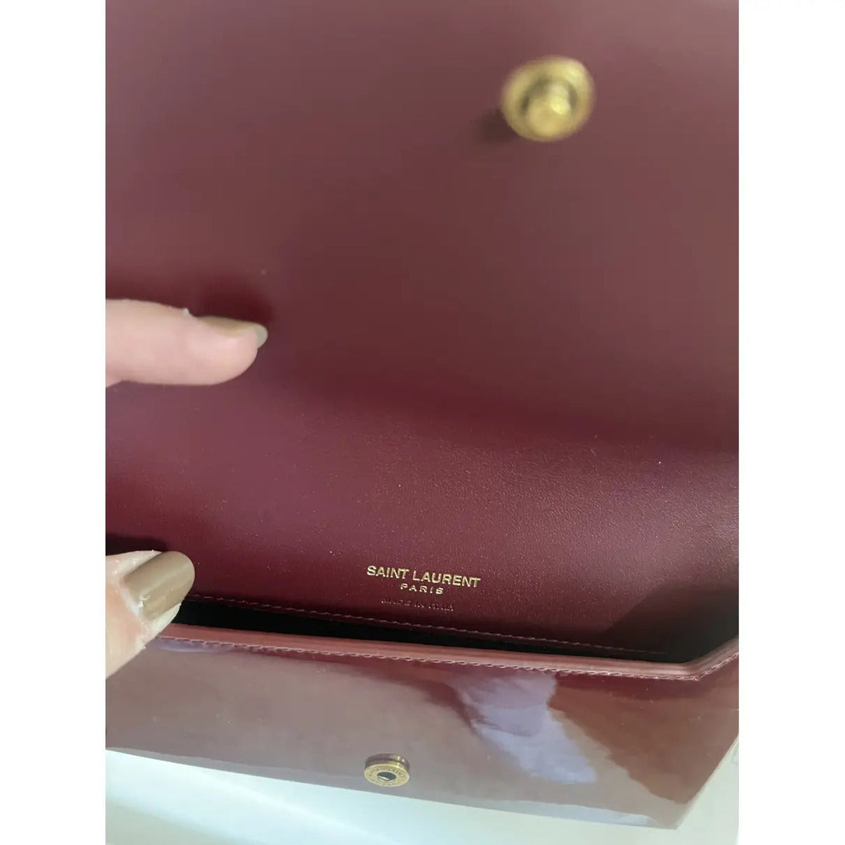 Crossbody Bag in Burgundy Patent Leather with Gold Chain, image 5