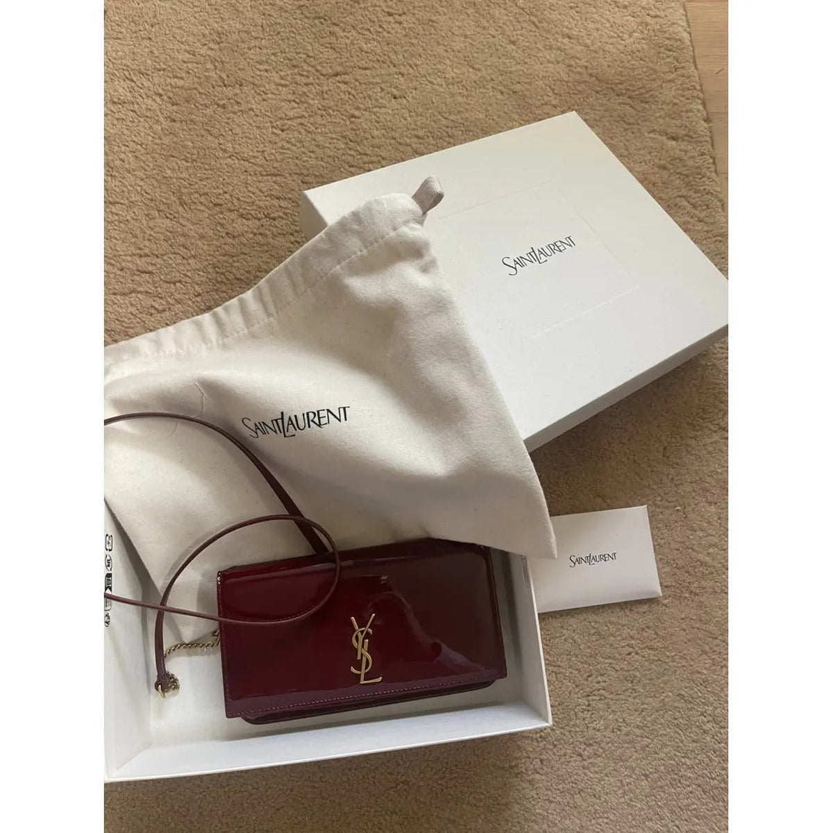 Crossbody Bag in Burgundy Patent Leather with Gold Chain, image 3