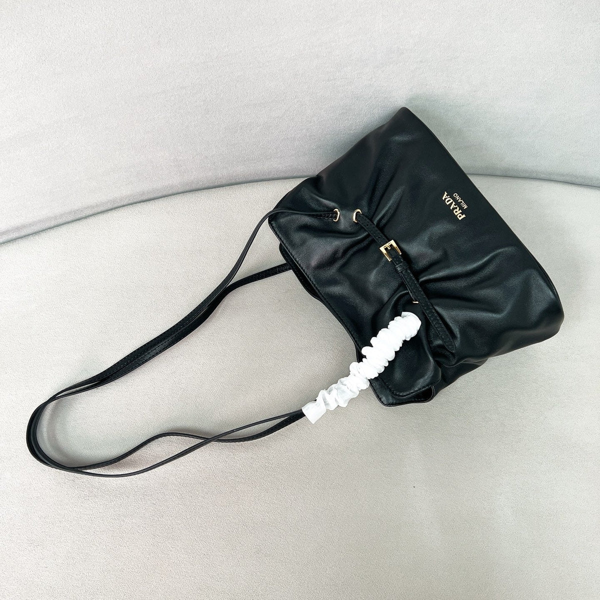 Gathered Shoulder Bag in Black Smooth Leather with Buckle, image 10