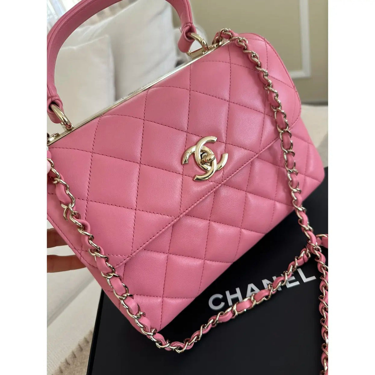 Flap Bag in Pink Quilted Leather with Rolled Top Handle, image 13