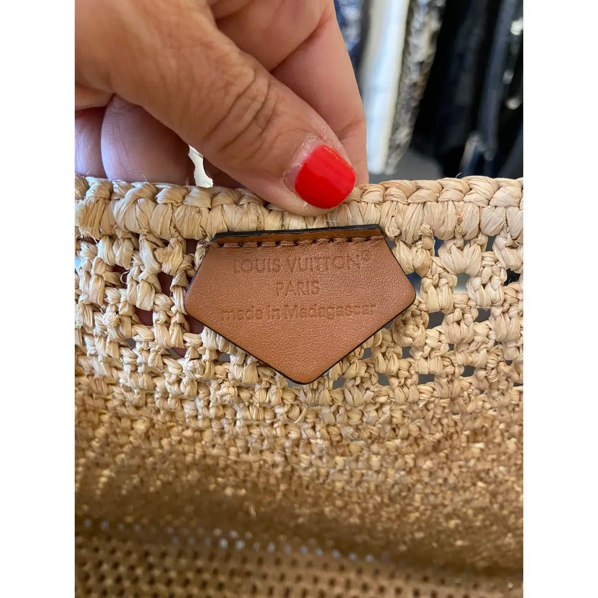 Open-Weave Raffia Tote Bag with Round Brown Patch, image 9