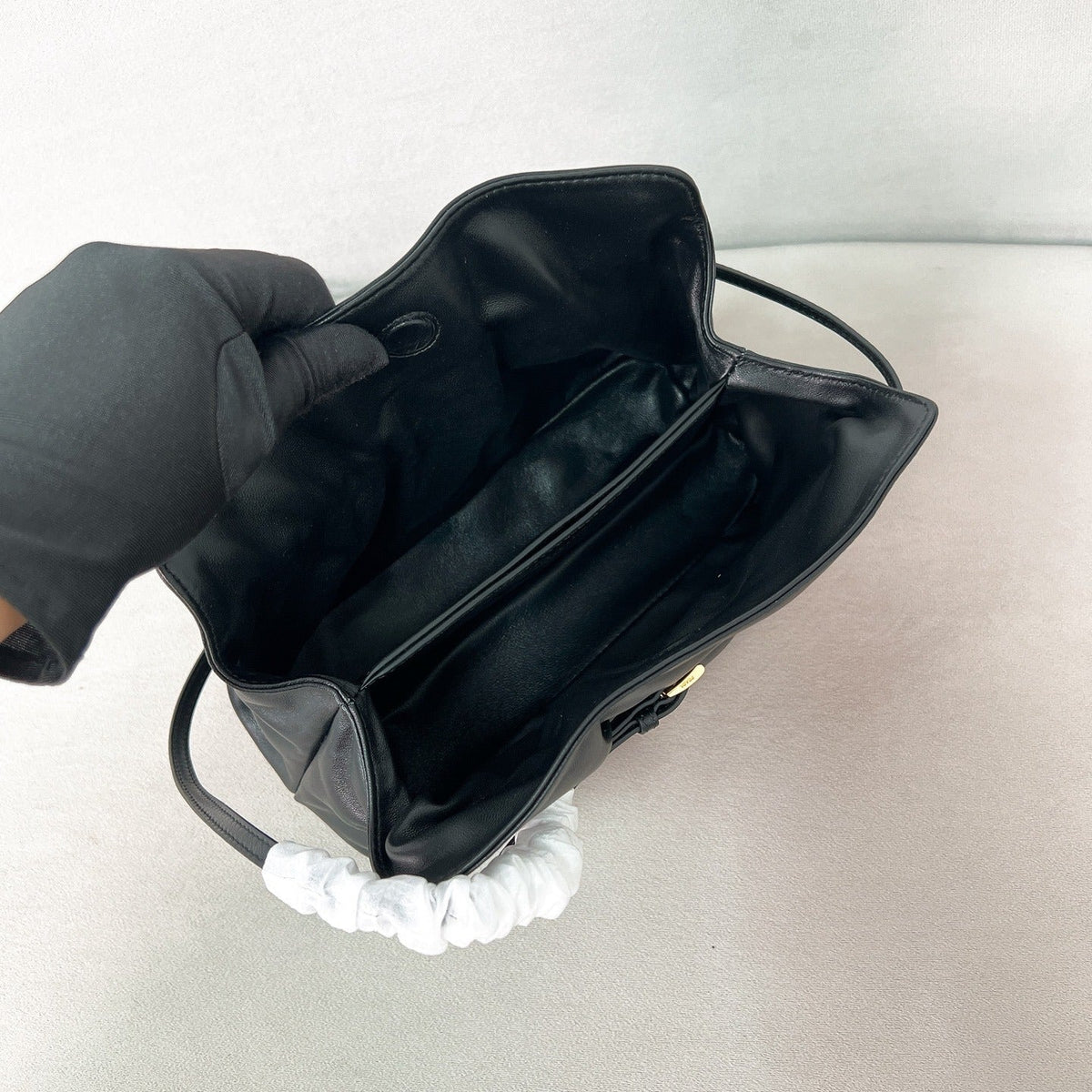 Gathered Shoulder Bag in Black Smooth Leather with Buckle, image 12