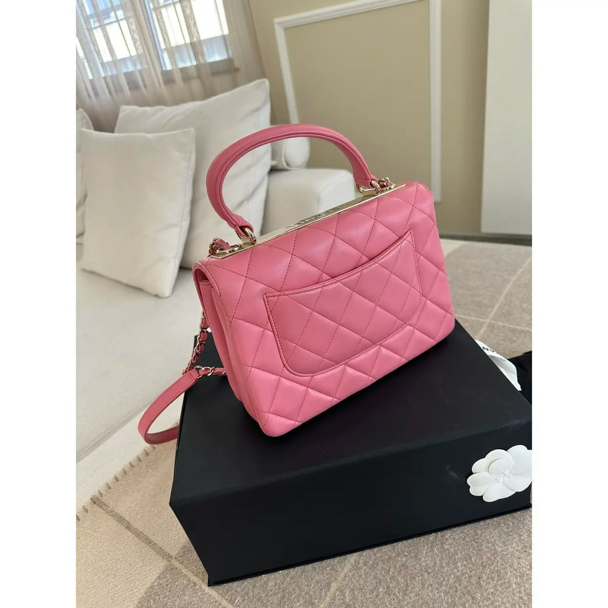 Flap Bag in Pink Quilted Leather with Rolled Top Handle, image 16