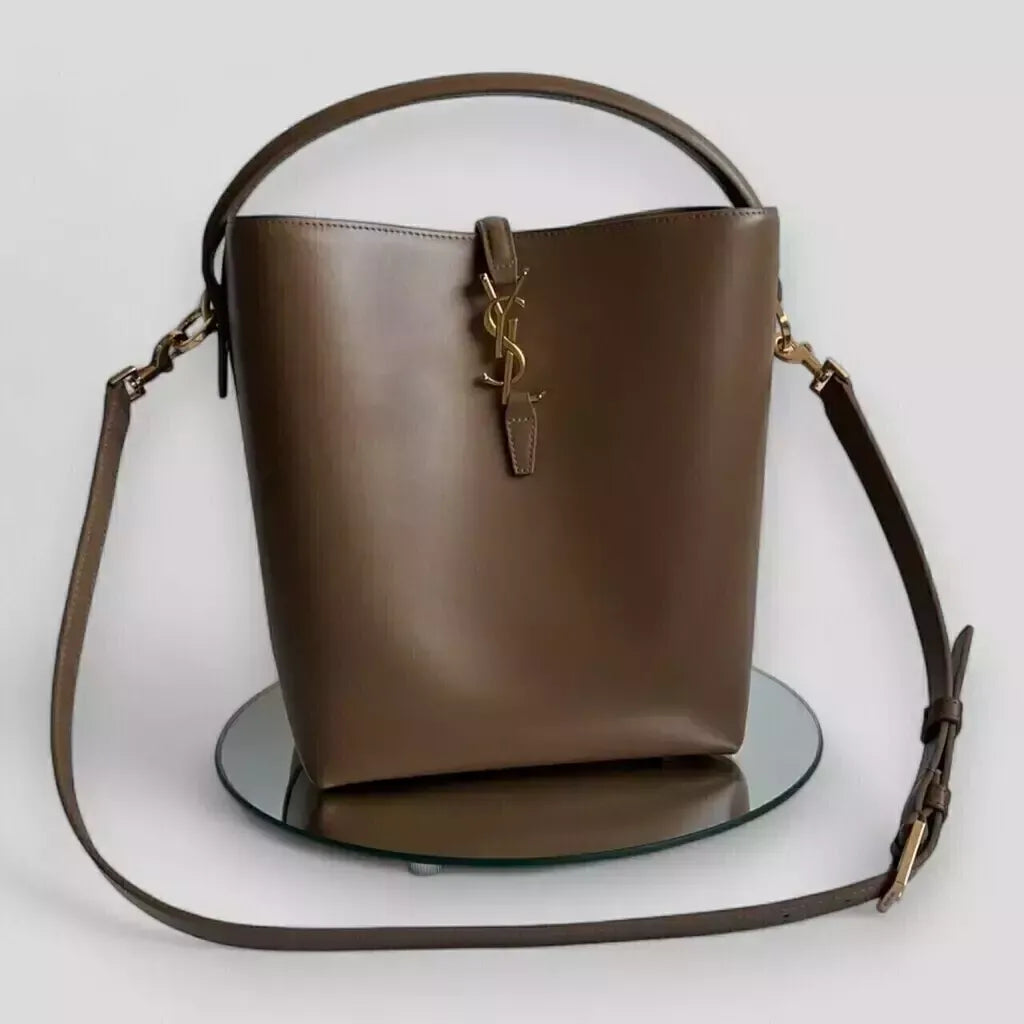 Bucket Bag in Taupe Glossy Leather with Top Handle, image 5