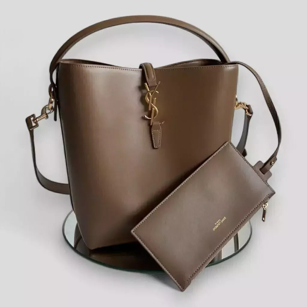 Bucket Bag in Taupe Glossy Leather with Top Handle, image 6