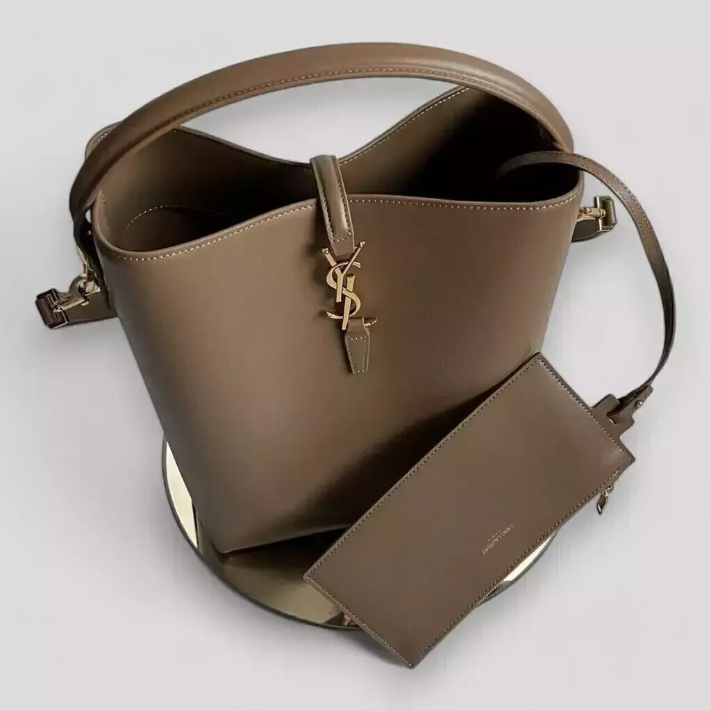 Bucket Bag in Taupe Glossy Leather with Top Handle, image 4