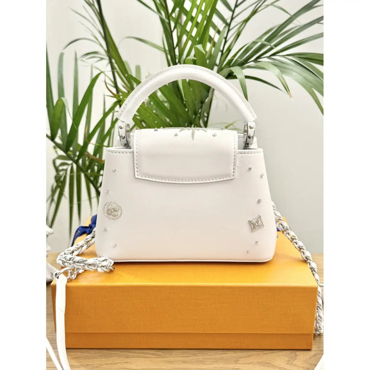 Mini Top Handle Bag in White with Crystal Snowflake Details, image 13