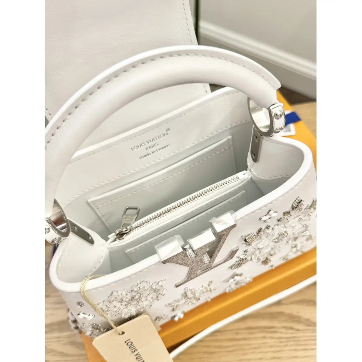 Mini Top Handle Bag in White with Crystal Snowflake Details, image 18