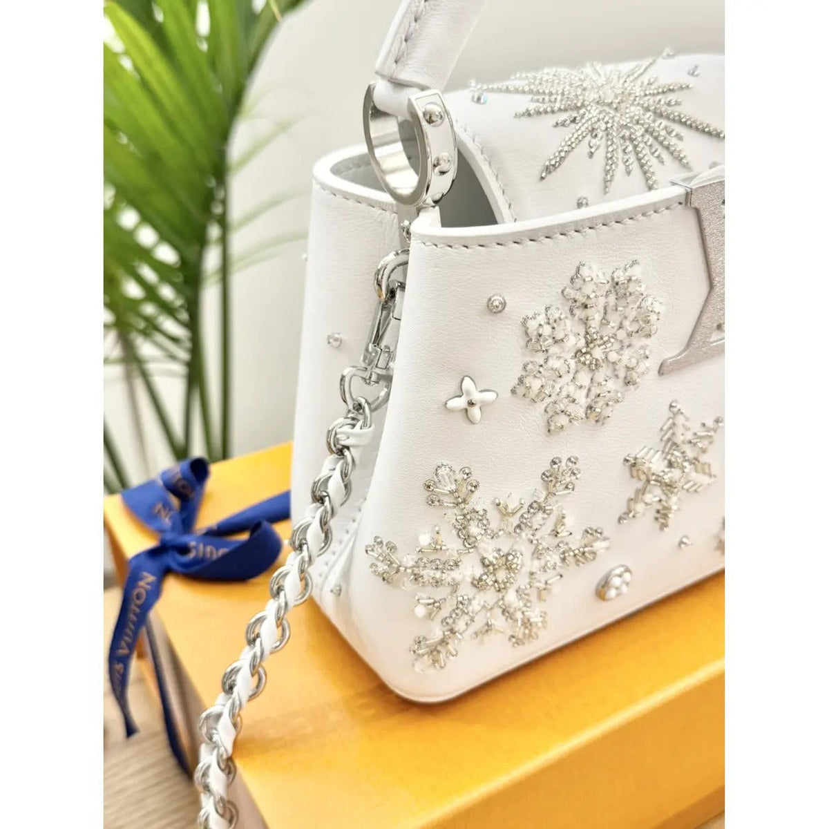 Mini Top Handle Bag in White with Crystal Snowflake Details, image 15