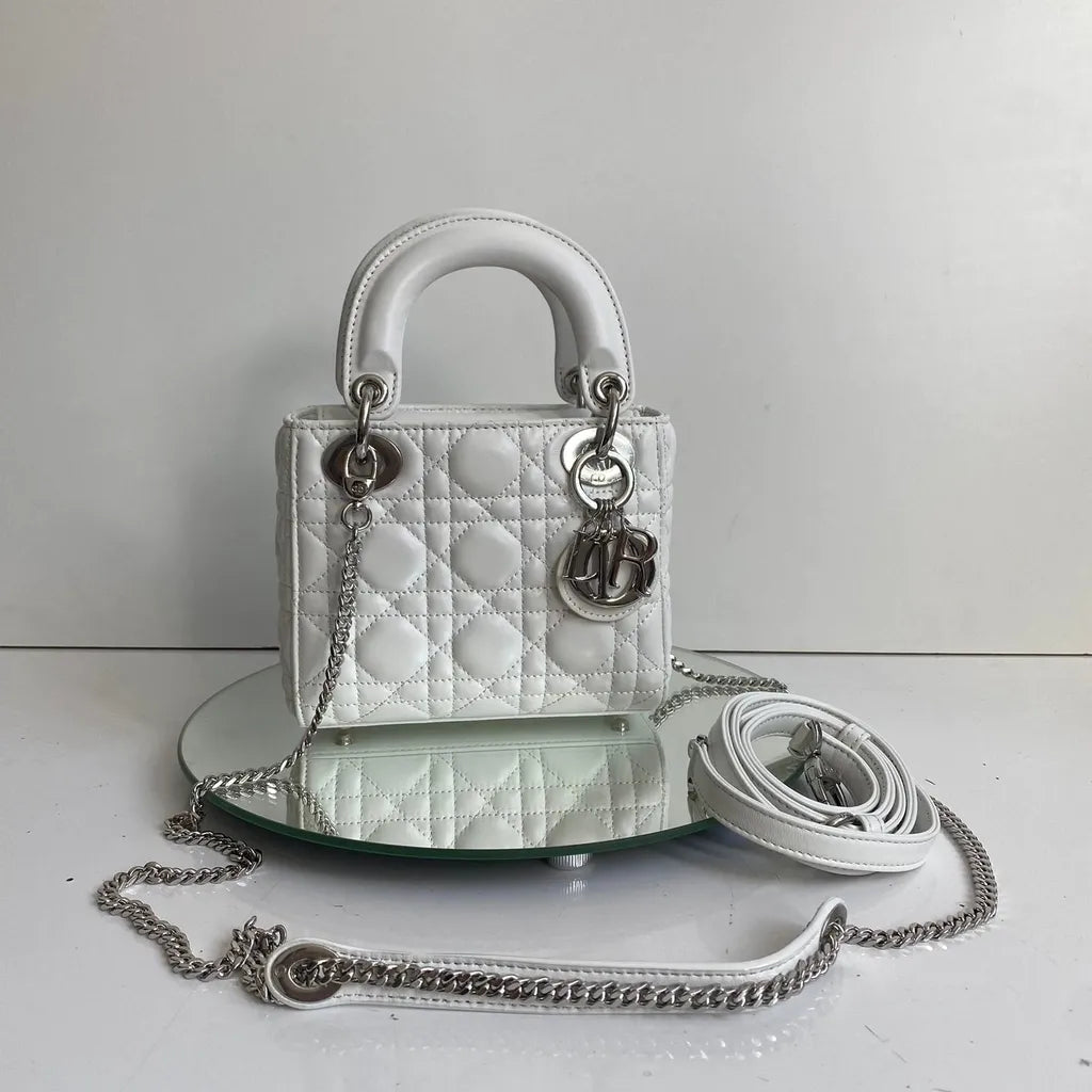 Mini Top Handle Bag in White Quilted Leather with Chain, image 6