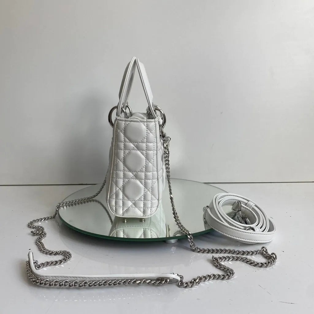 Mini Top Handle Bag in White Quilted Leather with Chain, image 7